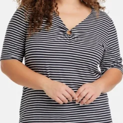 SAMOON Dames T-shirt Navy - Offwhite Ringel-48 -Pantalonix Verkoopwinkel 577x1200 1