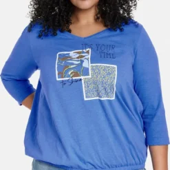 SAMOON Dames Shirt Met 3/4-mouwen Blue Bonnet Gemustert-56