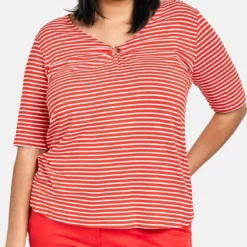 SAMOON Dames T-shirt Power Red - Offwhite Ringel-56