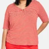 SAMOON Dames T-shirt Power Red - Offwhite Ringel-42
