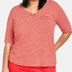 SAMOON Dames T-shirt Power Red - Offwhite Ringel-42