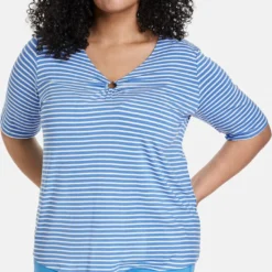 SAMOON Dames T-shirt Blue Bonnet - Offwhite Ringel-56 -Pantalonix Verkoopwinkel 699x1200