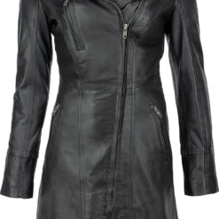 Urban 5884® - Janice - Dames - Lange Leren Jas - Lamsleer - Schuine Ritssluiting - Zwart - Maat 4XL