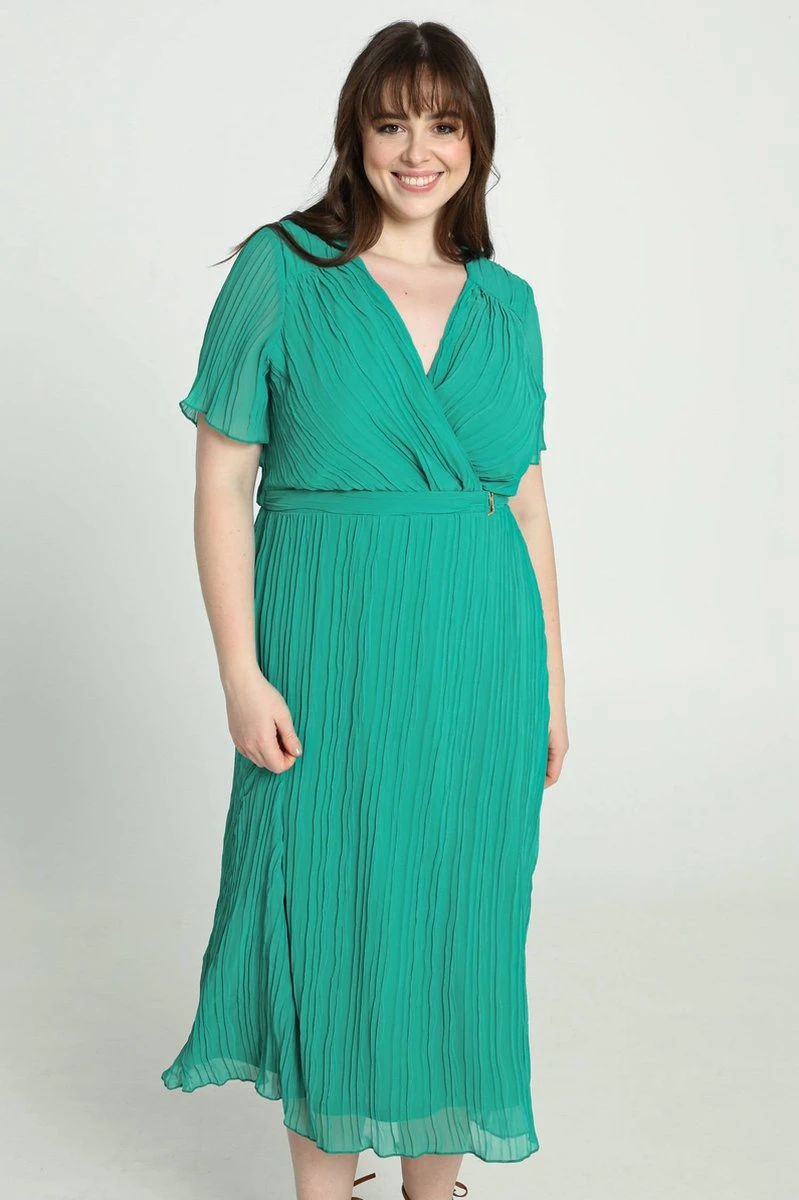 Promiss Halflange, Effen Plisséjurk Met Wikkelkraag En Juweelriem 3 Promiss Halflange, Effen Plisséjurk Met Wikkelkraag En Juweelriem