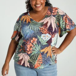 Paprika T-shirt Met Hawai Print En Vlindermouwen