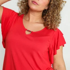 Paprika Effen T-shirt In Viscose Met Juweel Aan De Hals