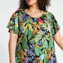 Paprika T-shirt In Viscose Met Hawai Print En Juweel Aan De Hals -Pantalonix Verkoopwinkel 799x1200 365