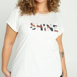 Paprika Effen T-shirt Met Opschrift 'SHINE' En Lurexband -Pantalonix Verkoopwinkel 799x1200 399