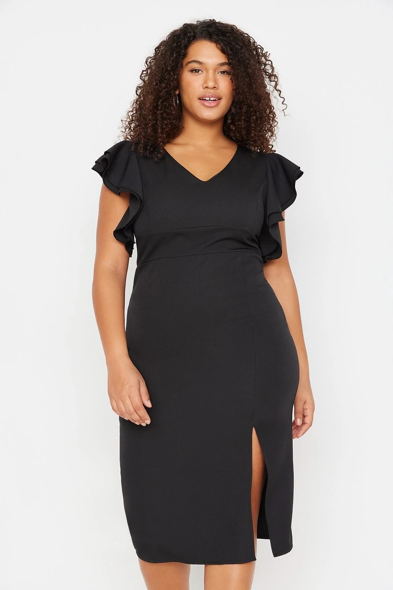 Trendyol Vrouwen Gepofte/ruche Mouw V-hals Bodycon Plus Size Jurk 7 Trendyol Vrouwen Gepofte/ruche Mouw V-hals Bodycon Plus Size Jurk - Afbeelding 5