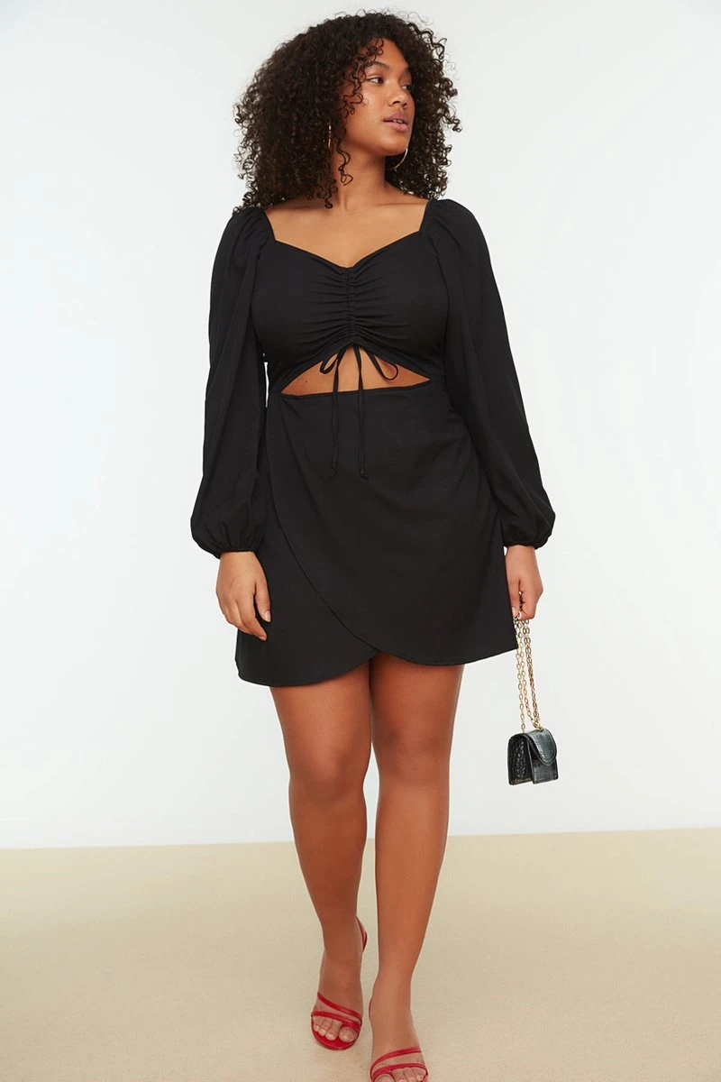 Trendyol Vrouwen Ballon Mouw V-hals Omslag Plus Size Jurk 3 Trendyol Vrouwen Ballon Mouw V-hals Omslag Plus Size Jurk