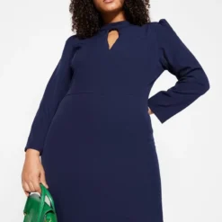 Trendyol Vrouwen Ballon Mouw Staande Kraag Bodycon Plus Size Jurk