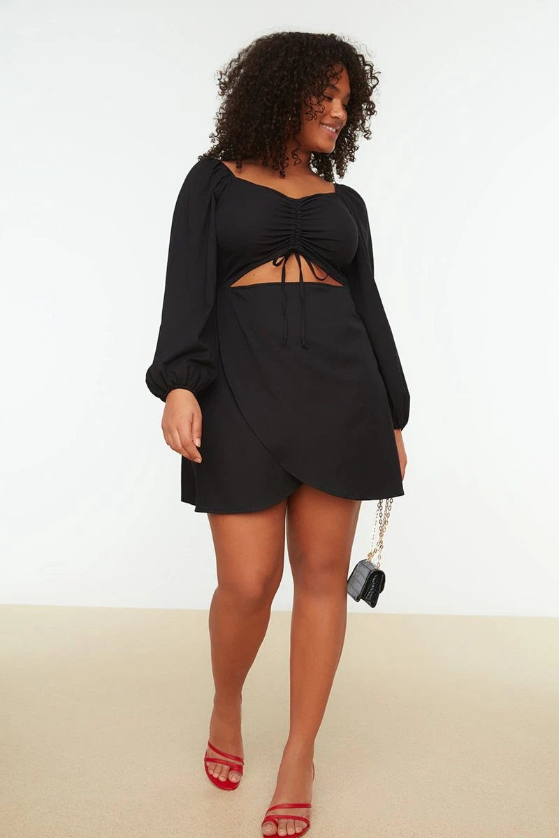 Trendyol Vrouwen Ballon Mouw V-hals Omslag Plus Size Jurk 10 Trendyol Vrouwen Ballon Mouw V-hals Omslag Plus Size Jurk - Afbeelding 8