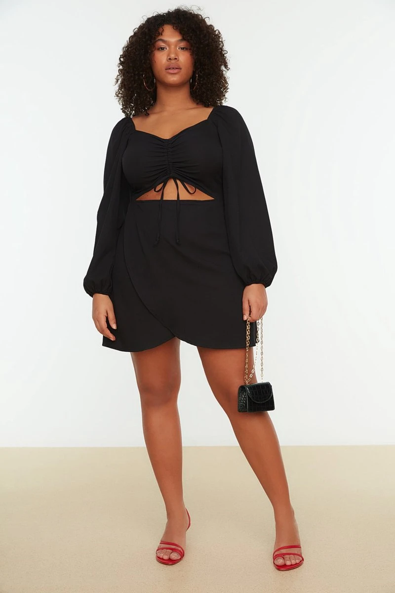 Trendyol Vrouwen Ballon Mouw V-hals Omslag Plus Size Jurk 11 Trendyol Vrouwen Ballon Mouw V-hals Omslag Plus Size Jurk - Afbeelding 9