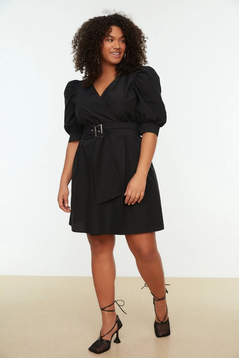 Trendyol Vrouwen Gepofte/ruche Mouw V-hals Omslag Plus Size Jurk 3 Trendyol Vrouwen Gepofte/ruche Mouw V-hals Omslag Plus Size Jurk