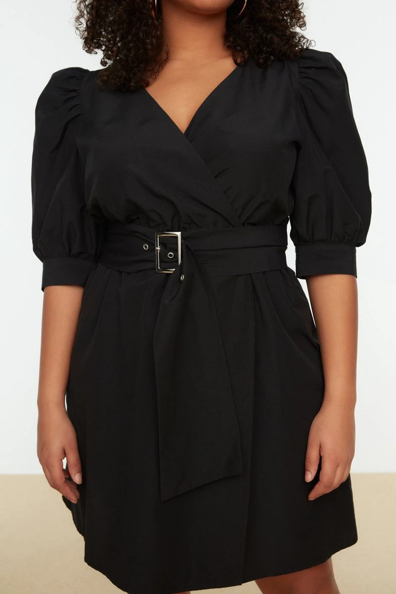 Trendyol Vrouwen Gepofte/ruche Mouw V-hals Omslag Plus Size Jurk 11 Trendyol Vrouwen Gepofte/ruche Mouw V-hals Omslag Plus Size Jurk - Afbeelding 9