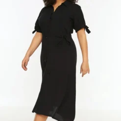 Trendyol Vrouwen Gepofte/ruche Mouw V-hals Basis Grote Maten Jurk