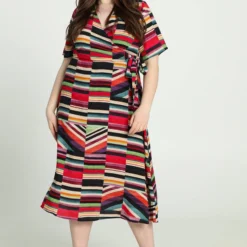 Promiss Halflange, Gestreepte Jurk In Viscose Met Valse Wikkelkraag 14 Promiss Halflange, Gestreepte Jurk In Viscose Met Valse Wikkelkraag -Pantalonix Verkoopwinkel 817x1200 4