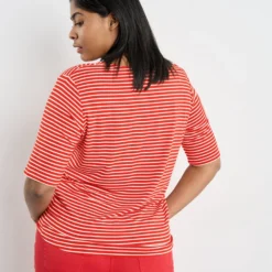 SAMOON Dames T-shirt Power Red - Offwhite Ringel-44