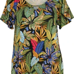 Paprika T-shirt In Viscose Met Hawai Print En Juweel Aan De Hals -Pantalonix Verkoopwinkel 950x1200 1